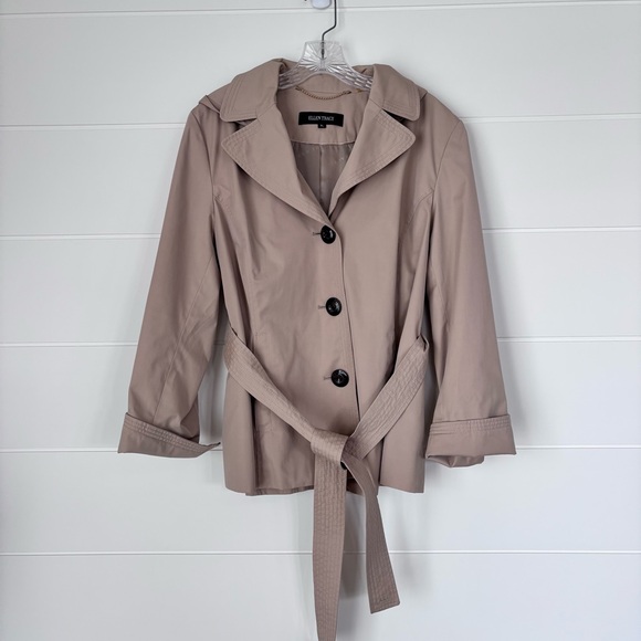 Ellen Tracy Kahki Trench Rain Coat with Belt Removable Hood Sz Petite Large - Picture 1 of 13